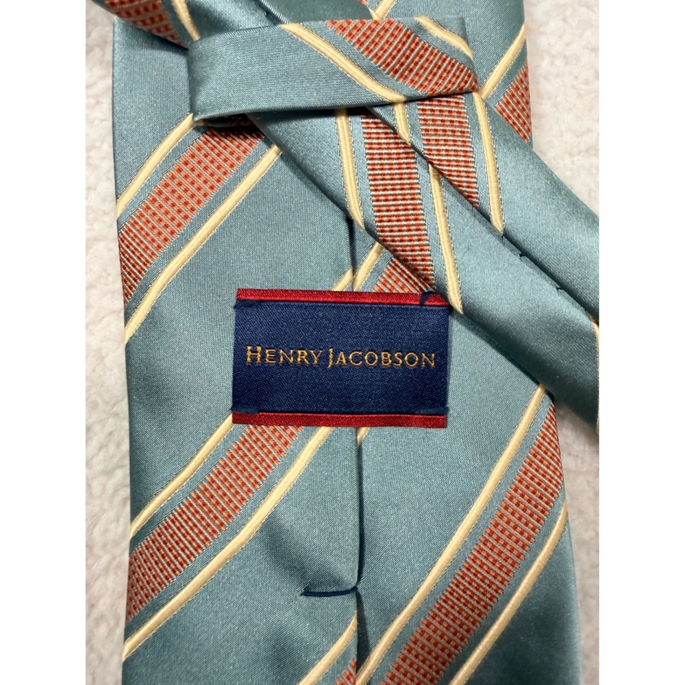 Henry Jacobson Mens Silk Cotton Blend Striped Necktie Sage Green Orange Cream‎